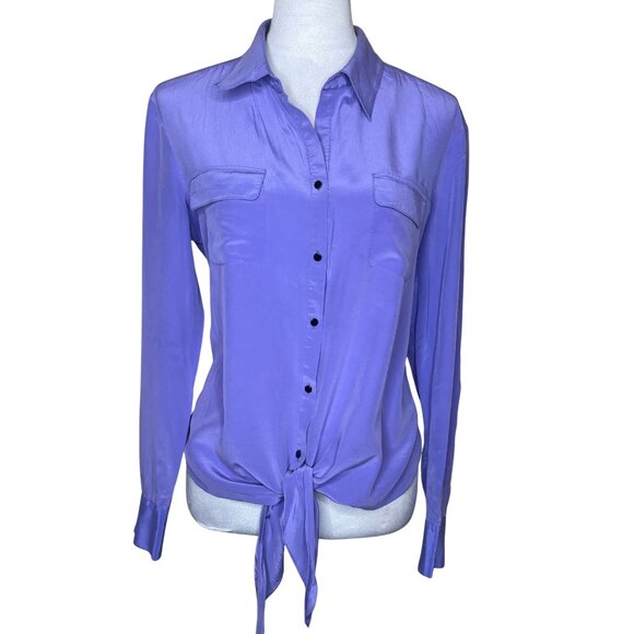 ANTONIO MELANI 100% Silk Purple Collared Button Tie Front Long Sleeve Blouse L - Picture 1 of 11
